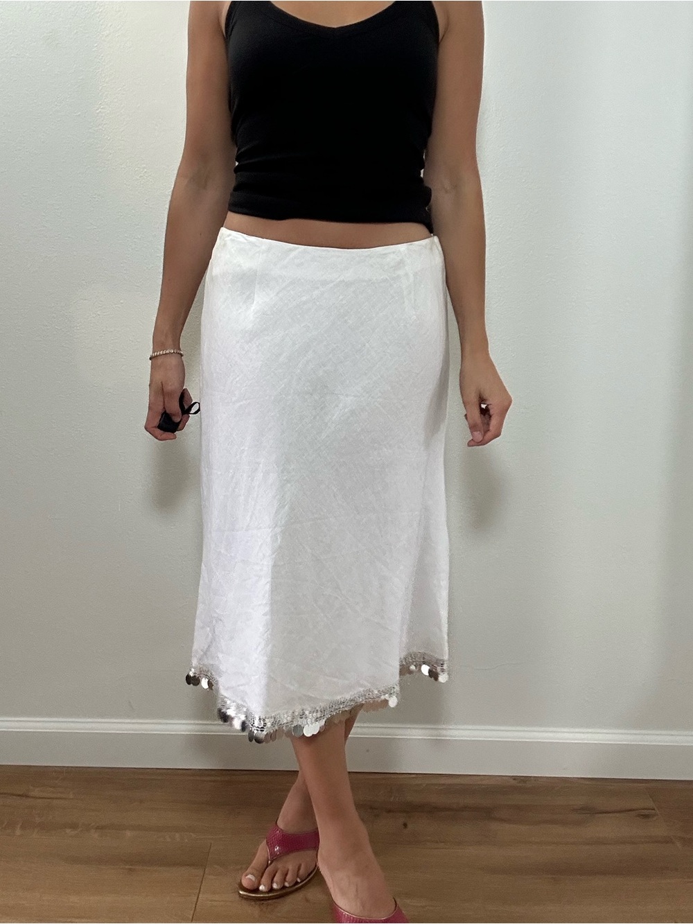 Richard Malcolm Irish Linen White Midi Skirt with Silver Sequin Trim Size 10 - Picture 1 of 14